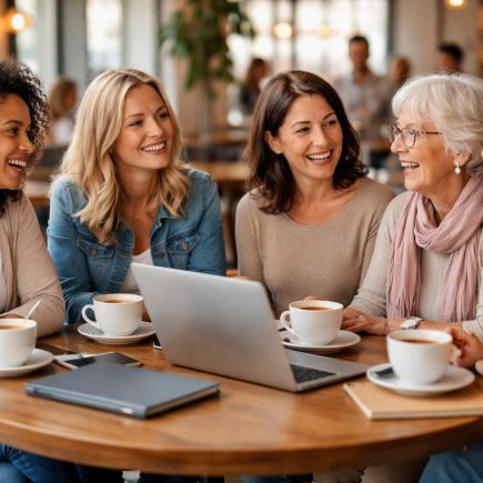 femmes-table-cafe-tasses-ordinateurs